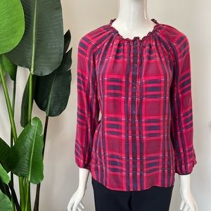 BCBGMaxAzria Plaid Silk 3/4 Sleeve Blouse